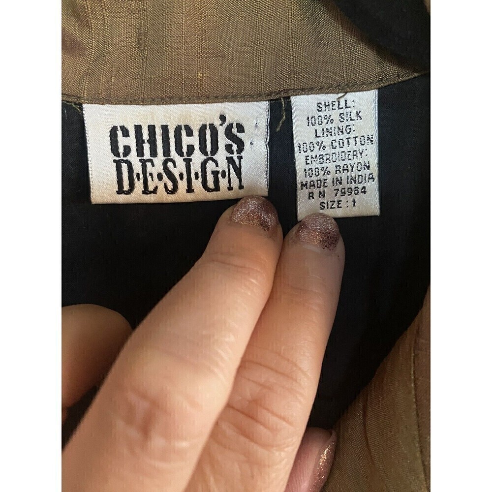 Chico’s women's sz 1 (M/8) brown embroidered 100% silk long sleeve bolero jacket - Picture 3 of 4